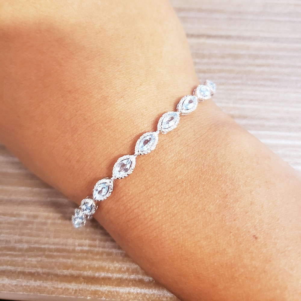 Aquamarine & Diamond 925 Sterling Silver Bracelet